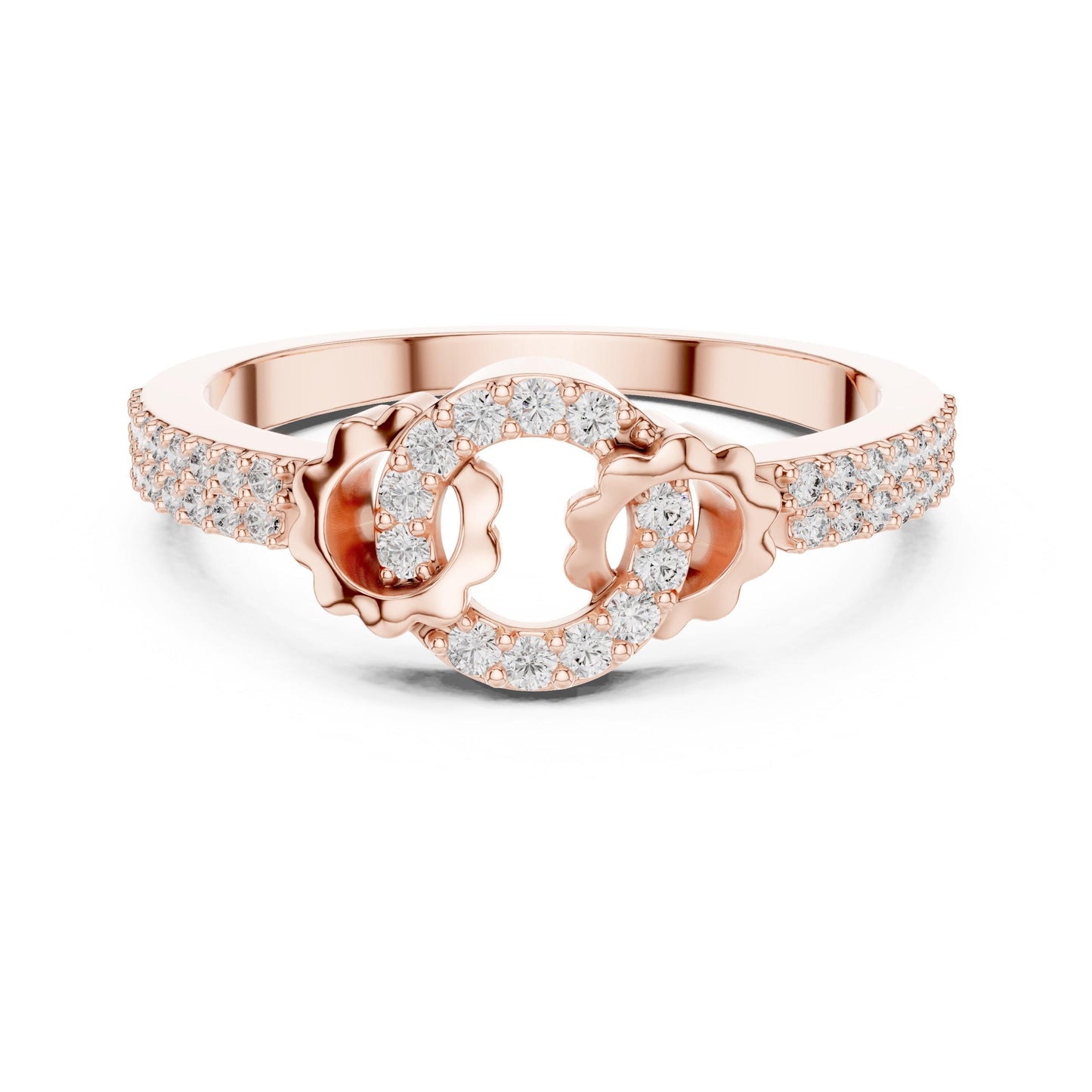 Riora Infinity Halo Moissanite diamond ring with interlocking promise band, minimalist dainty wedding engagement jewelry.