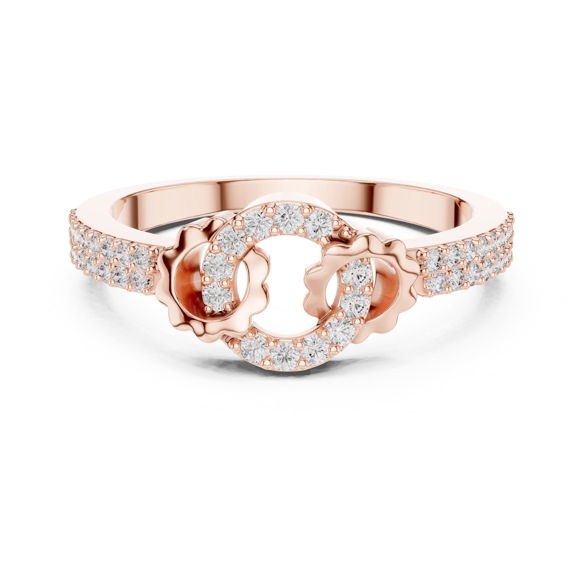 Riora Infinity Halo Moissanite diamond ring with interlocking promise band, minimalist dainty wedding engagement jewelry.