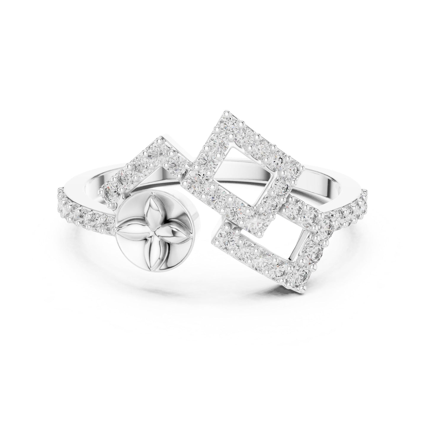 Gold geometric moissanite diamond statement ring by Riora featuring modern minimalist design and dainty luxury jewelry style