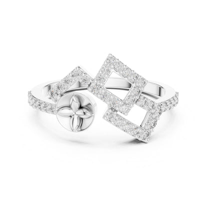 Gold geometric moissanite diamond statement ring by Riora featuring modern minimalist design and dainty luxury jewelry style