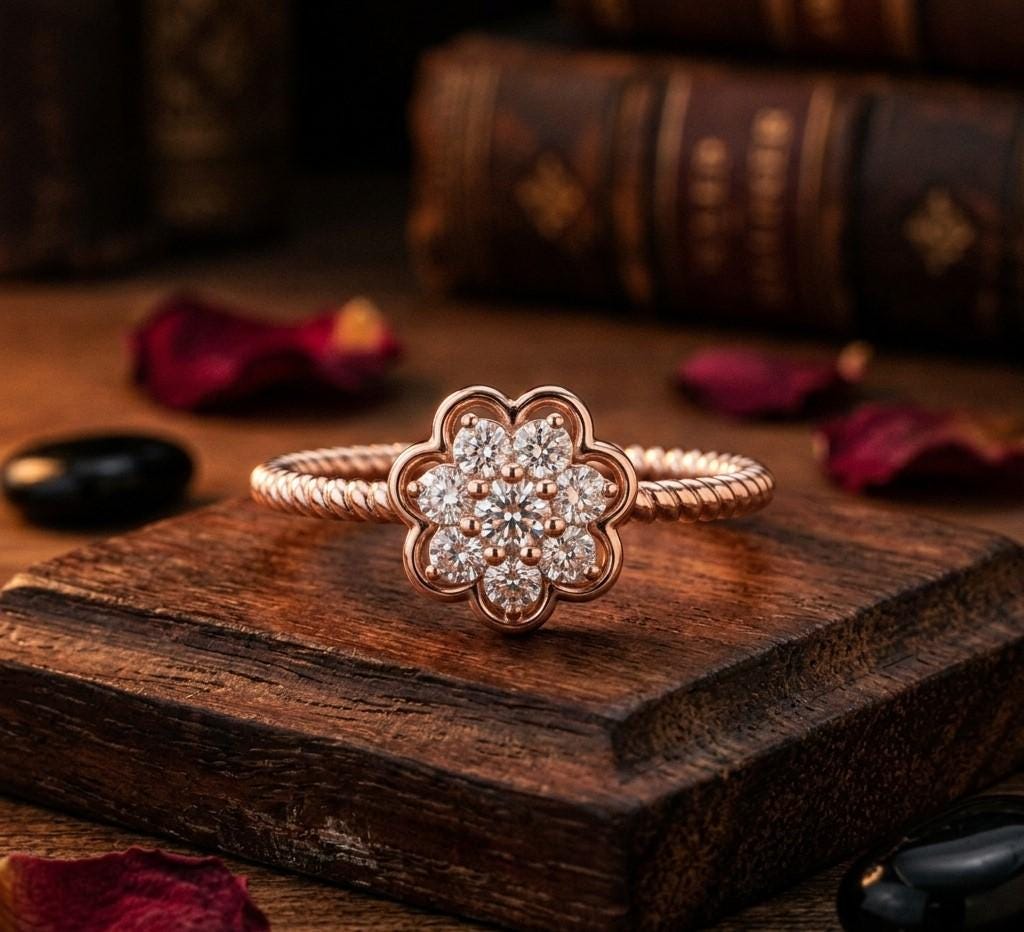 Rose gold floral moissanite diamond cluster ring with vintage style flower design, perfect for engagement or promise gift.