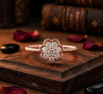 Rose gold floral moissanite diamond cluster ring with vintage style flower design, perfect for engagement or promise gift.