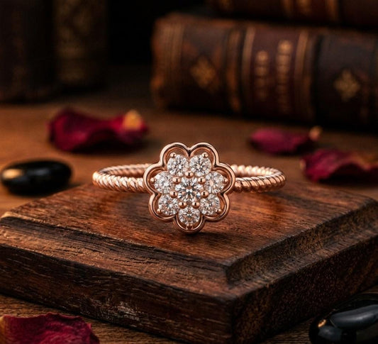 Rose gold floral moissanite diamond cluster ring with vintage style flower design, perfect for engagement or promise gift.