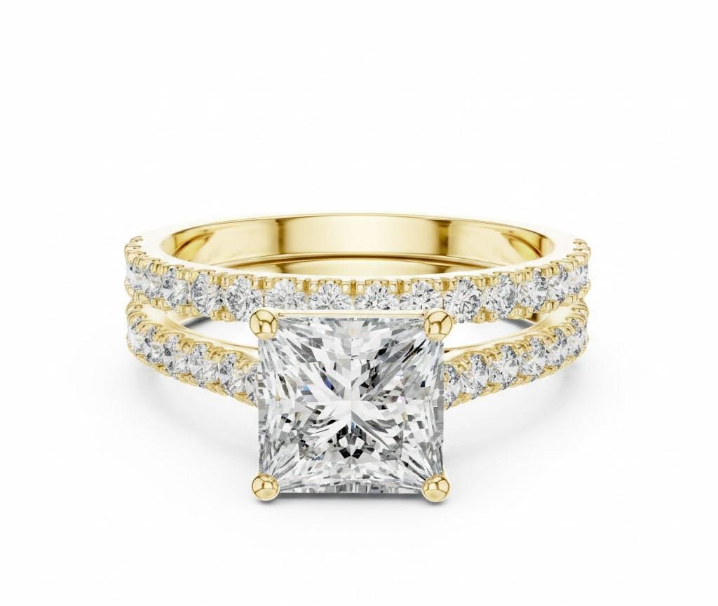 Princess cut moissanite diamond engagement ring set with bridal halo and wedding promise band by Riora, showcasing sparkling jewelry.