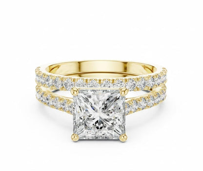 Princess cut moissanite diamond engagement ring set with bridal halo and wedding promise band by Riora, showcasing sparkling jewelry.