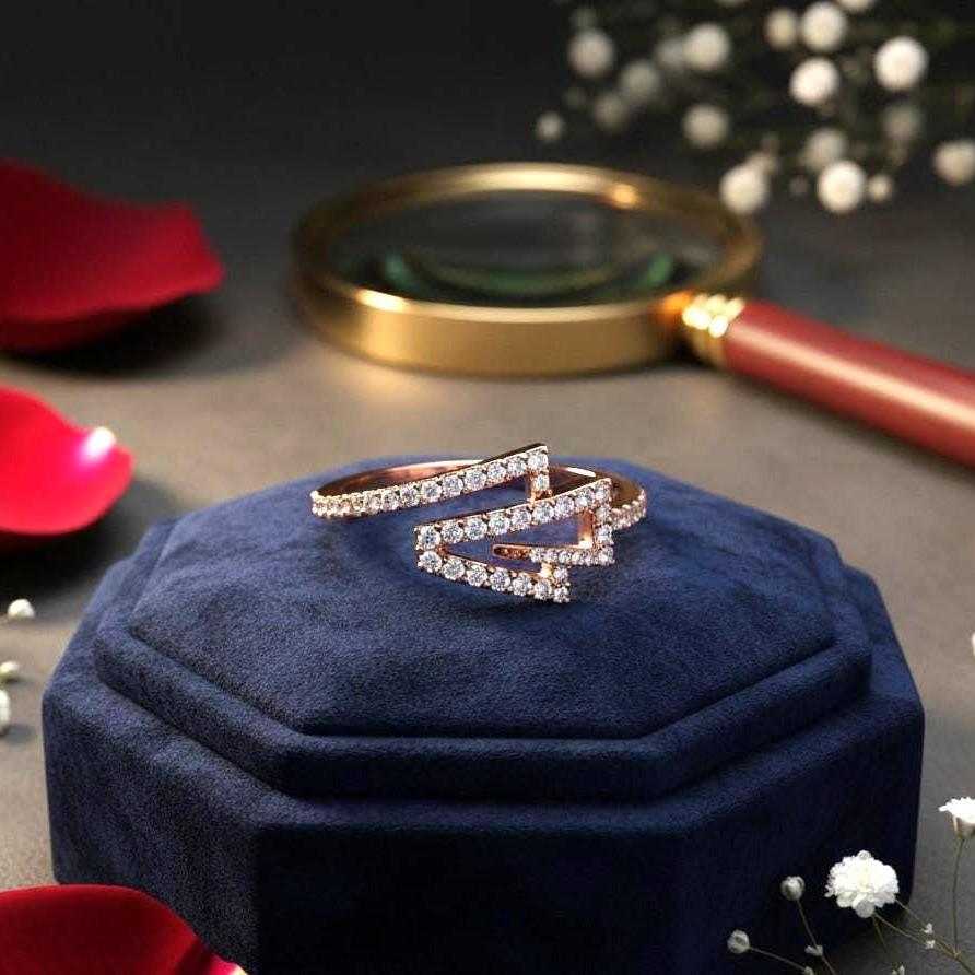 Riora Zigzag Moissanite diamond ring with geometric wrap band, minimalist modern wedding band, stackable jewelry for women