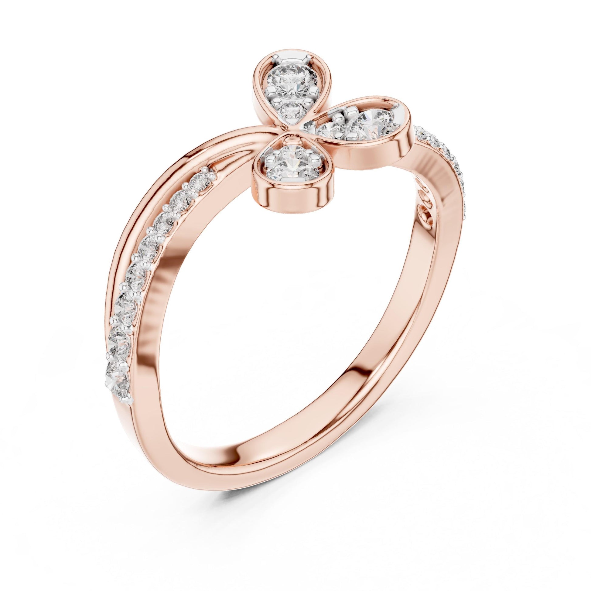 Riora moissanite butterfly ring with nature-inspired design, gold, rose gold, and silver bands featuring diamond look accents for women.