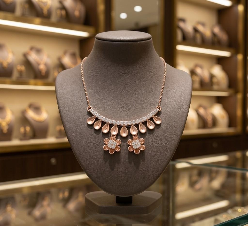 Riora moissanite floral necklace with rose gold and silver, dainty flower pendant, bridal gift, elegant jewelry for women