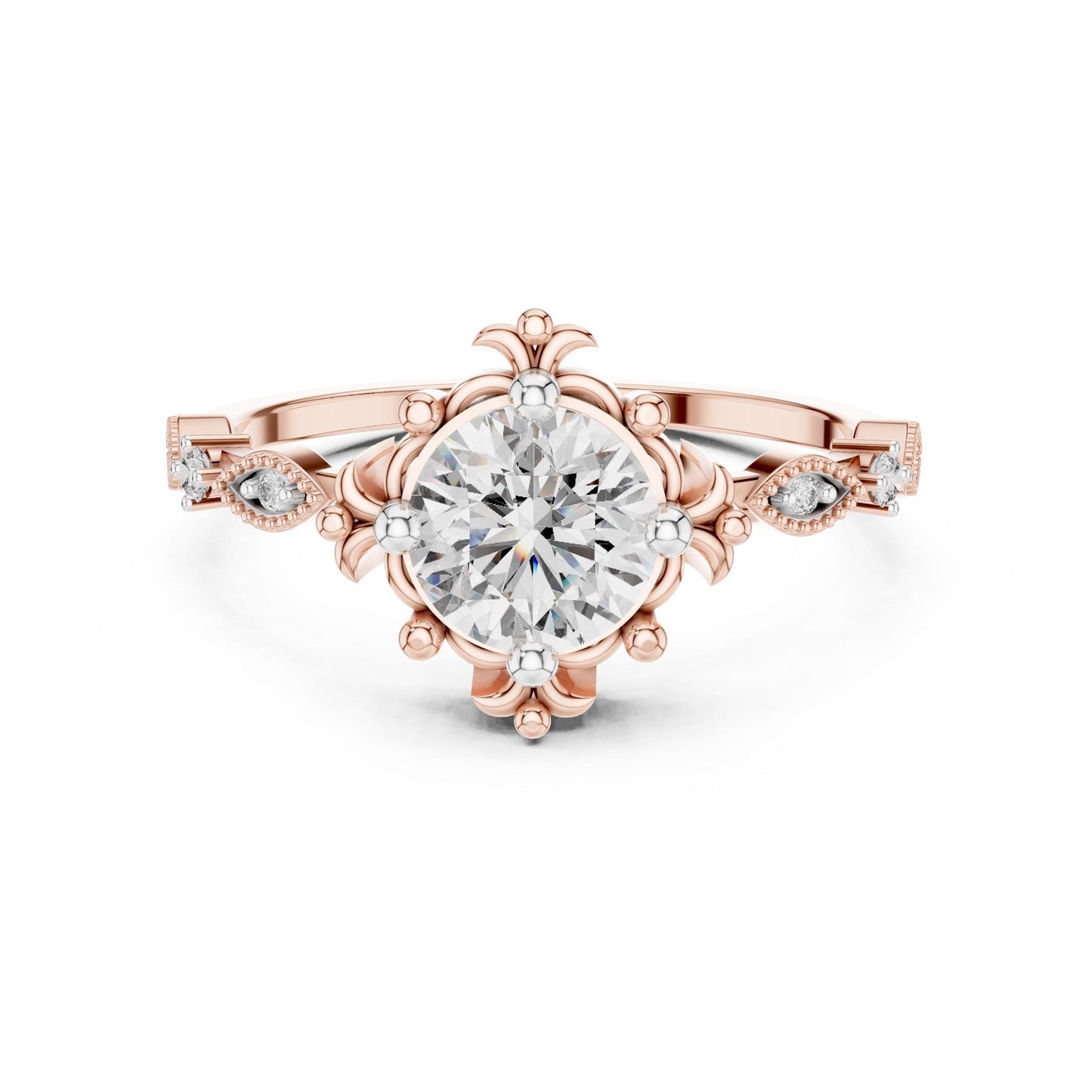 Riora floral moissanite engagement ring with round cut stone, rose gold antique-inspired bridal ring, intricate floral design.