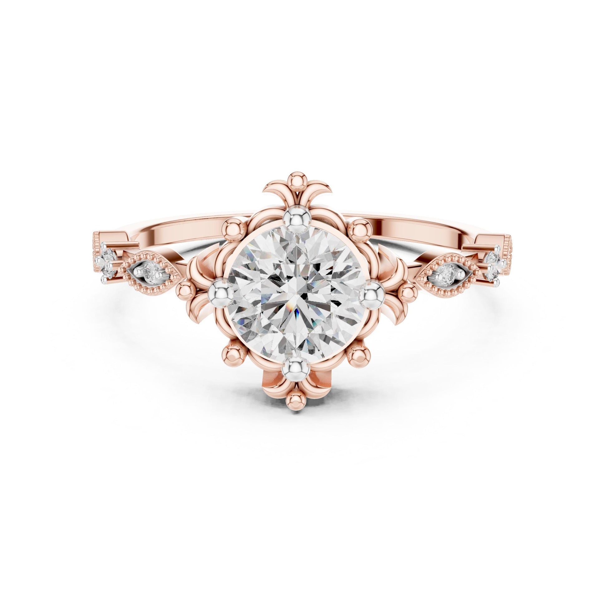 Riora floral moissanite engagement ring with round cut stone, rose gold antique-inspired bridal ring, intricate floral design.