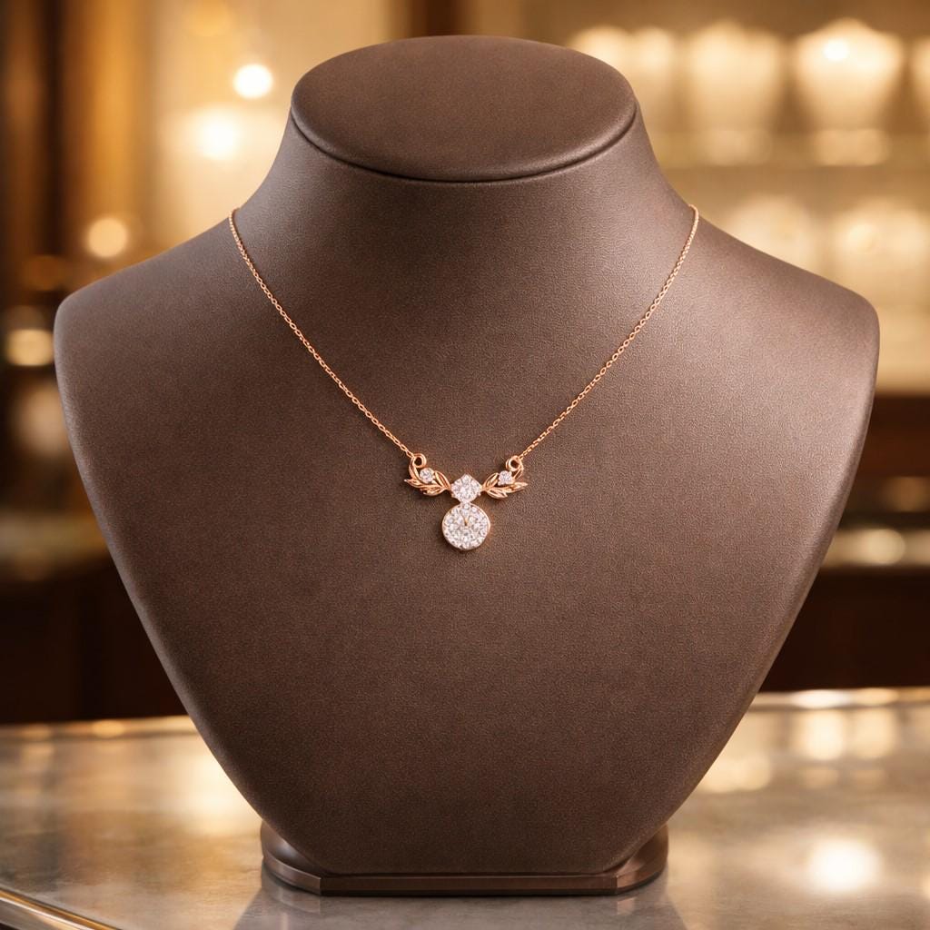 Rose gold moissanite leaf pendant necklace by Riora, dainty bridal jewelry with a diamond look, perfect for gifting or special occasions.