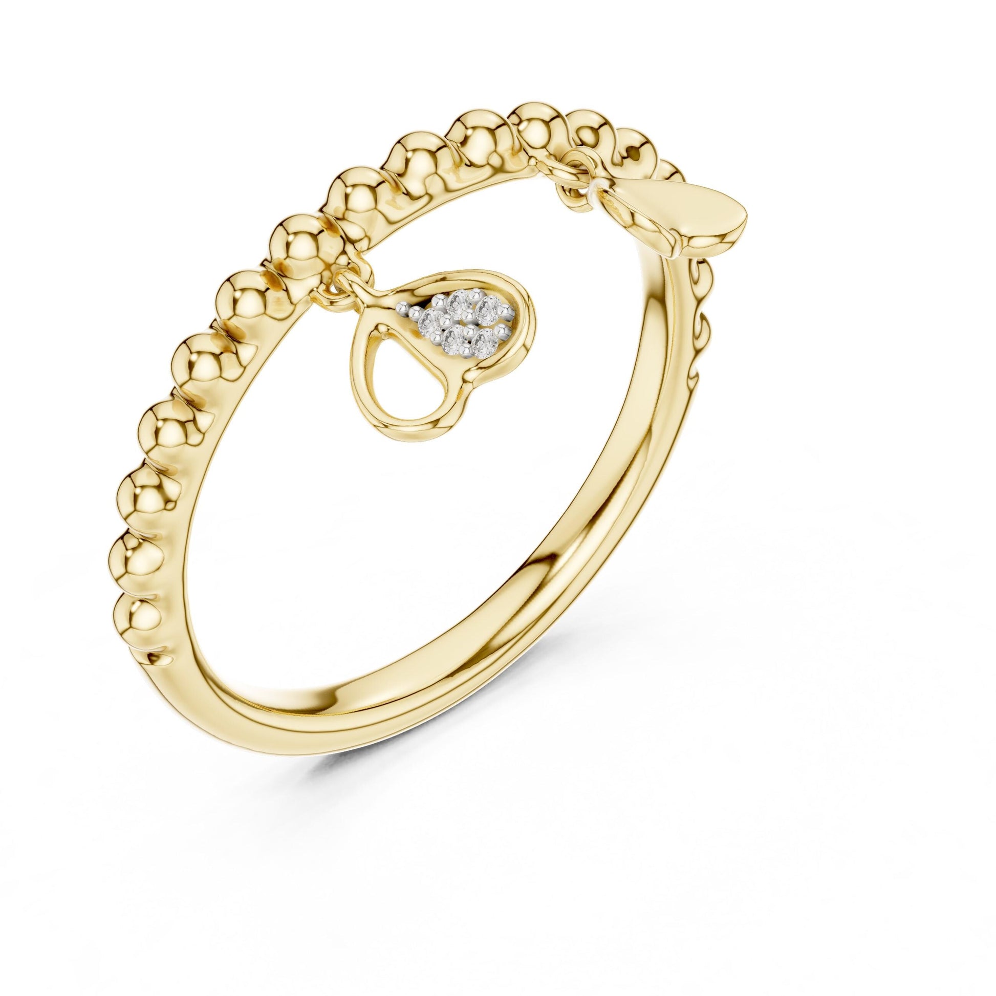 Rose gold moissanite heart charm dangle ring with beaded band, romantic minimal jewelry by Riora, featuring elegant design.