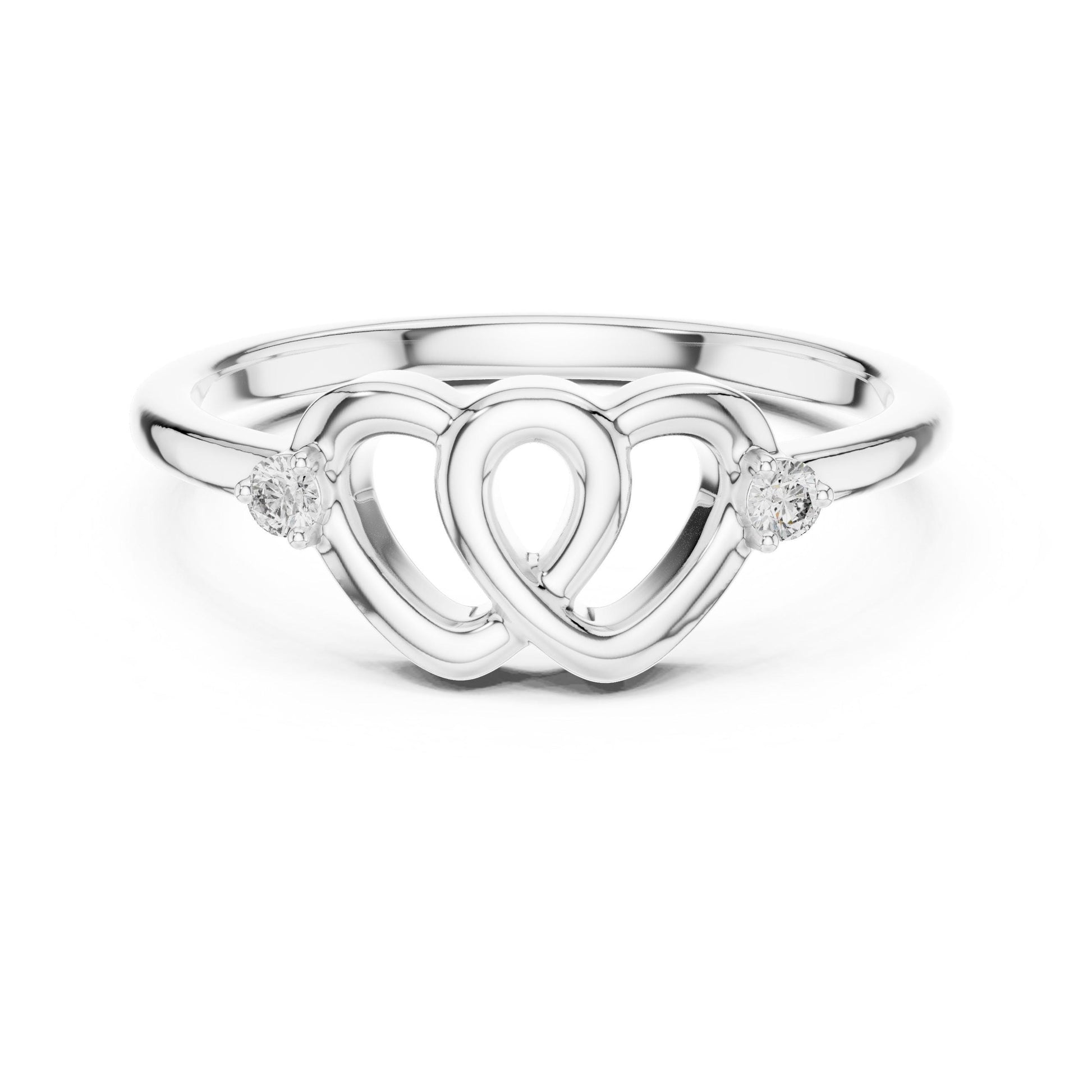 Silver triple heart moissanite ring with love knot design, perfect for romantic women’s anniversary gift by Riora.