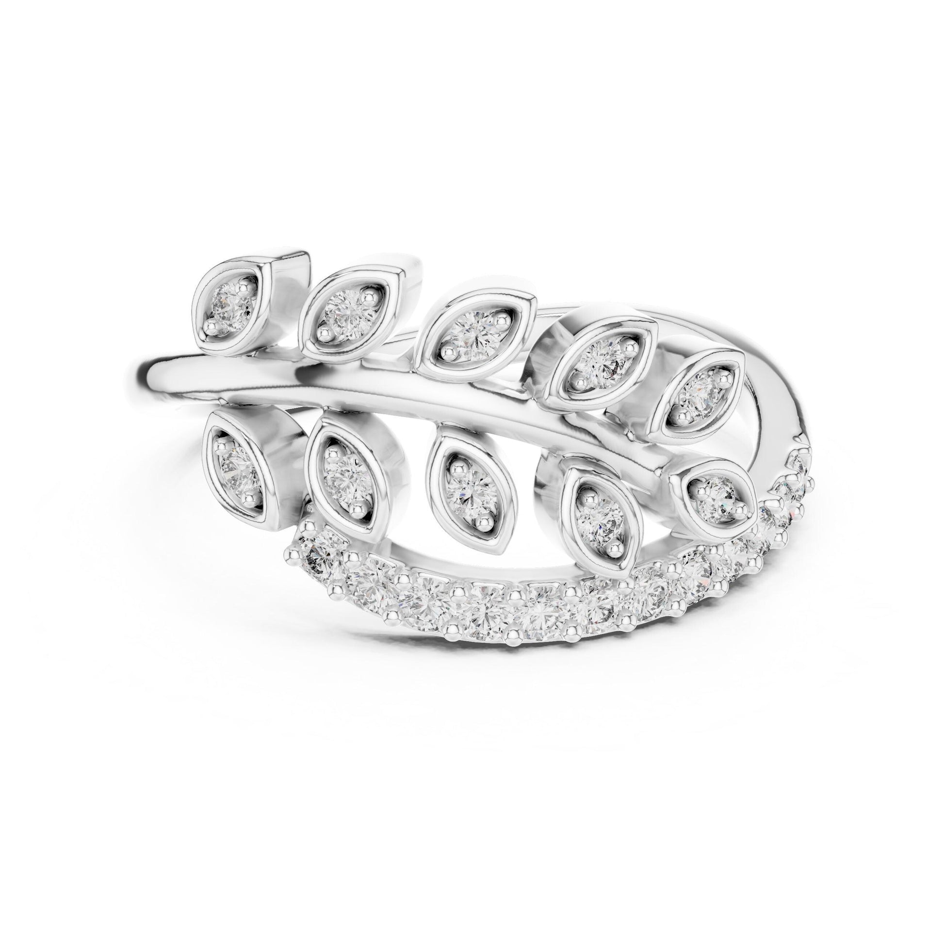 Riora Moissanite leaf wrap ring with gold and silver open band, nature-inspired botanical design, elegant engagement jewelry