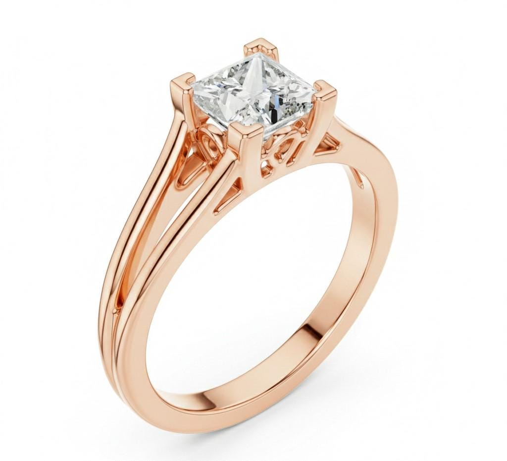 Princess cut cubic zirconia engagement ring in gold, rose, and silver by Riora, featuring a minimalist bridal design with a sleek band.