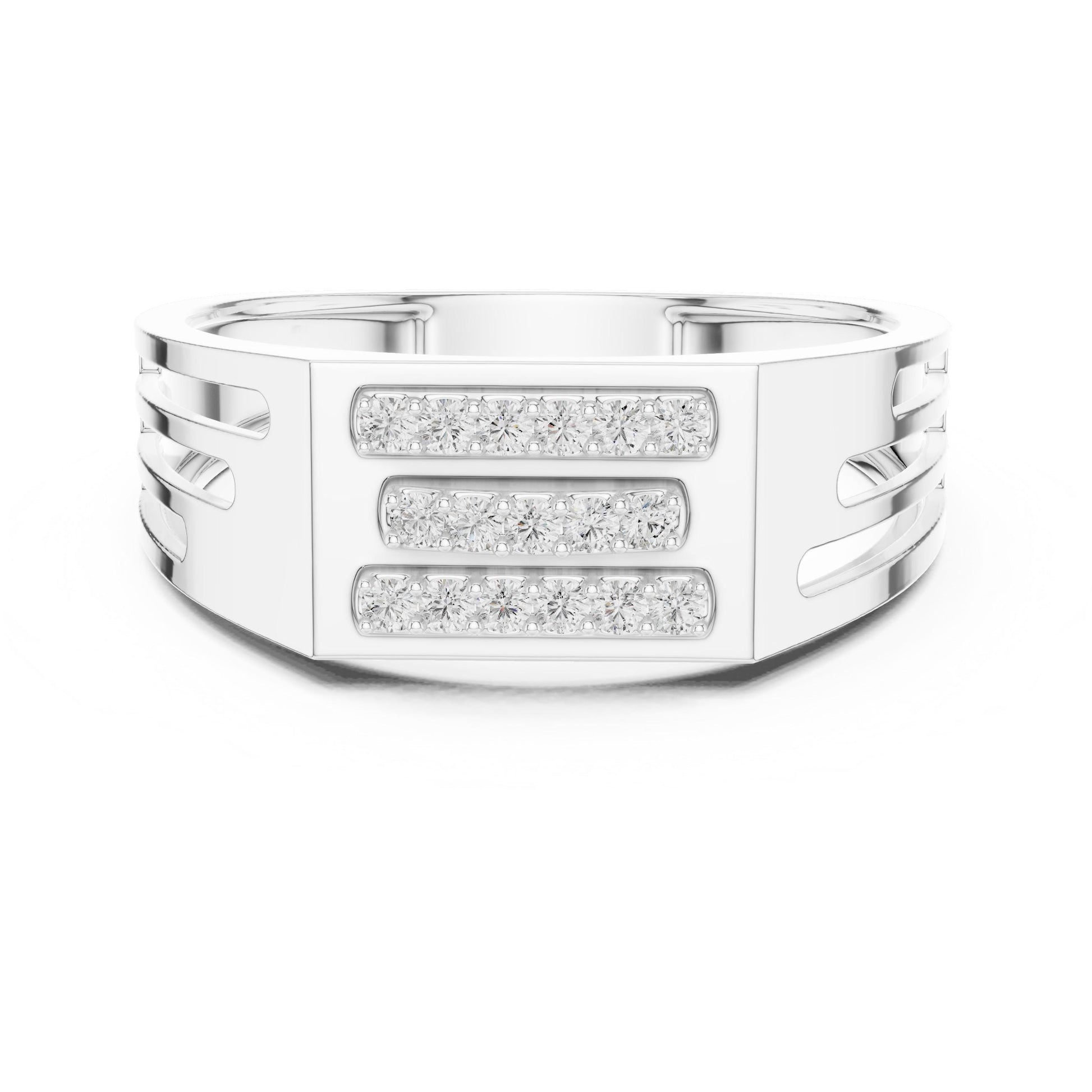 Rose silver chunky CZ triple bar panel ring by Riora, featuring modern design for wedding or anniversary celebrations.
