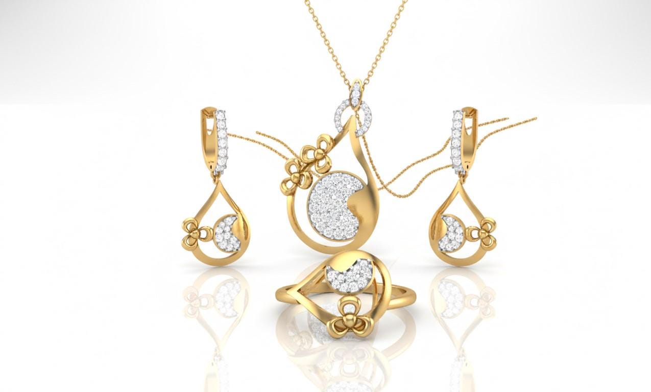Moissanite Teardrop Jewelry Set for Women | Necklace, Earrings & Ring | Gold, Rose Gold & Silver | Bridal & Valentine Gift