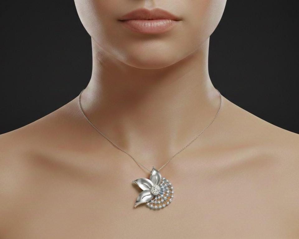 Moissanite Flower Pendant Necklace, Gold Rose Silver Floral Charm,  Hypoallergenic Gift for Her