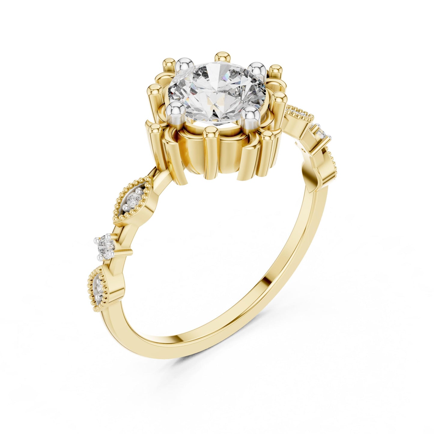 Riora floral moissanite engagement ring with round cut stone, antique-inspired design in rose gold, bridal wedding jewelry