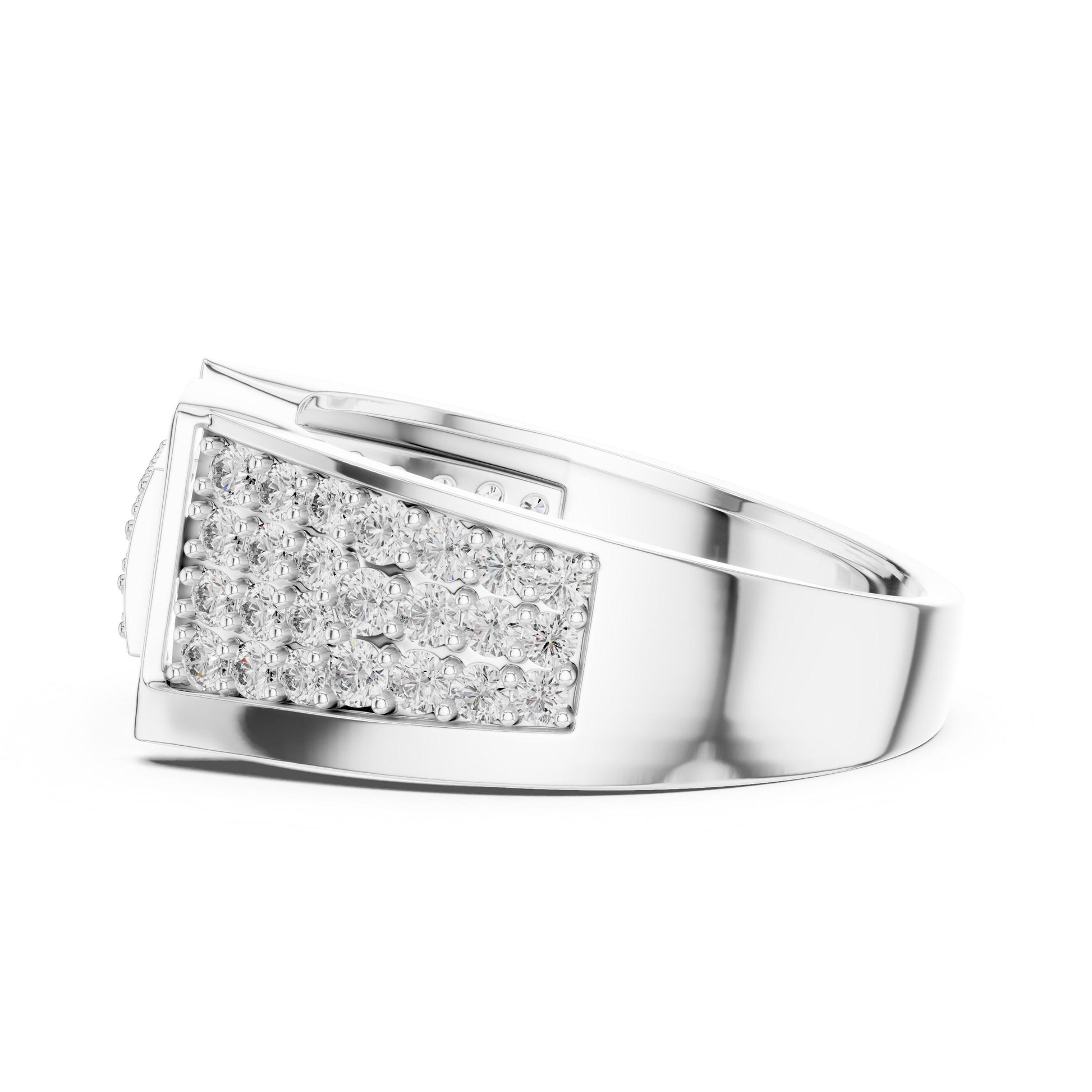 Gold rose geometric CZ wide band ring by Riora featuring a luxurious statement design for wedding, anniversary, or Valentine gift.