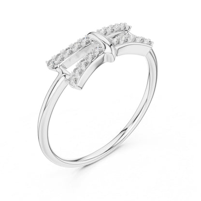 Riora Moissanite bow ring with diamond-style split band in rose gold, minimalist promise or wedding jewelry, dainty and elegant.