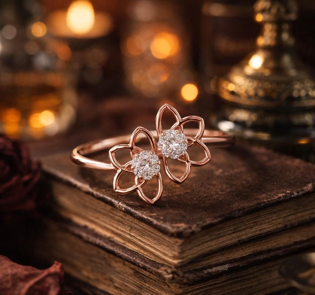 Riora double flower moissanite diamond ring in rose silver with floral vintage design, bridal promise band, elegant jewelry piece