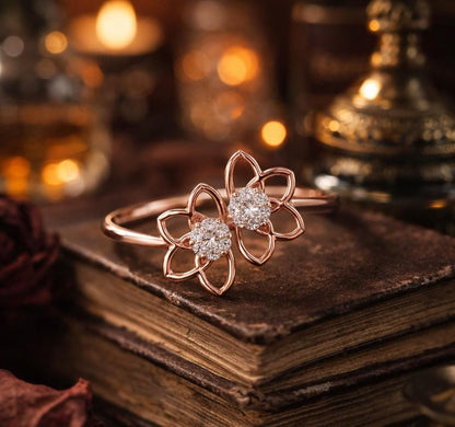 Riora double flower moissanite diamond ring in rose silver with floral vintage design, bridal promise band, elegant jewelry piece