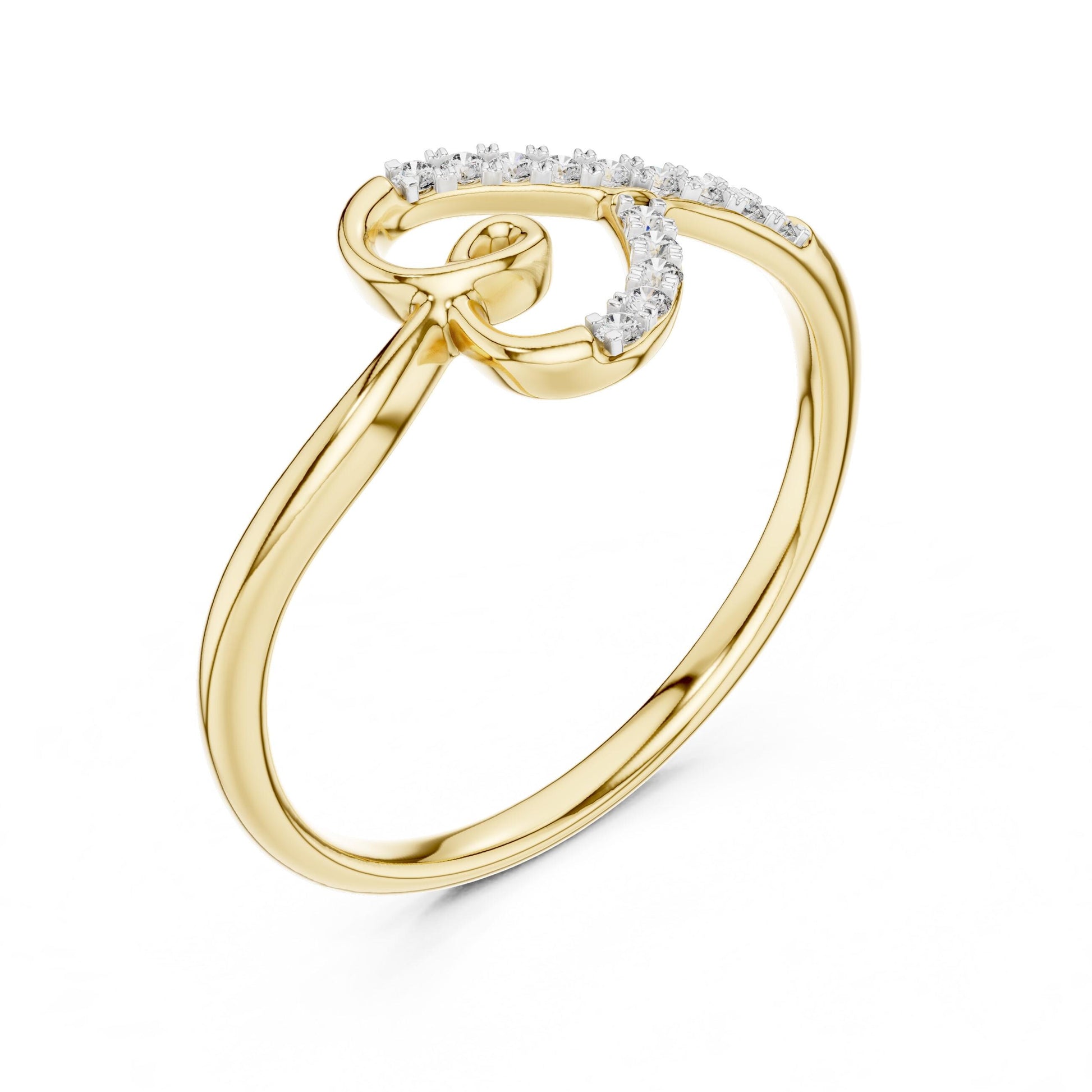 Riora moissanite heart ring with curved diamond promise band in rose gold and silver, minimalist romantic jewelry.