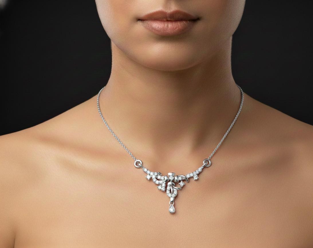 Moissanite Floral Pendant Necklace, Rose Gold Silver, Adjustable Chain
