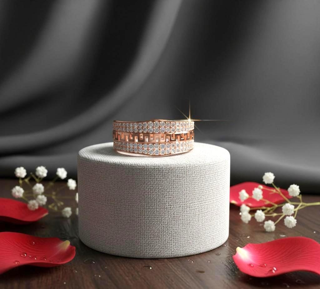 Riora wide CZ Greek band ring in gold and silver, featuring a luxurious statement design for women, suitable for anniversaries and Valentine's Day.