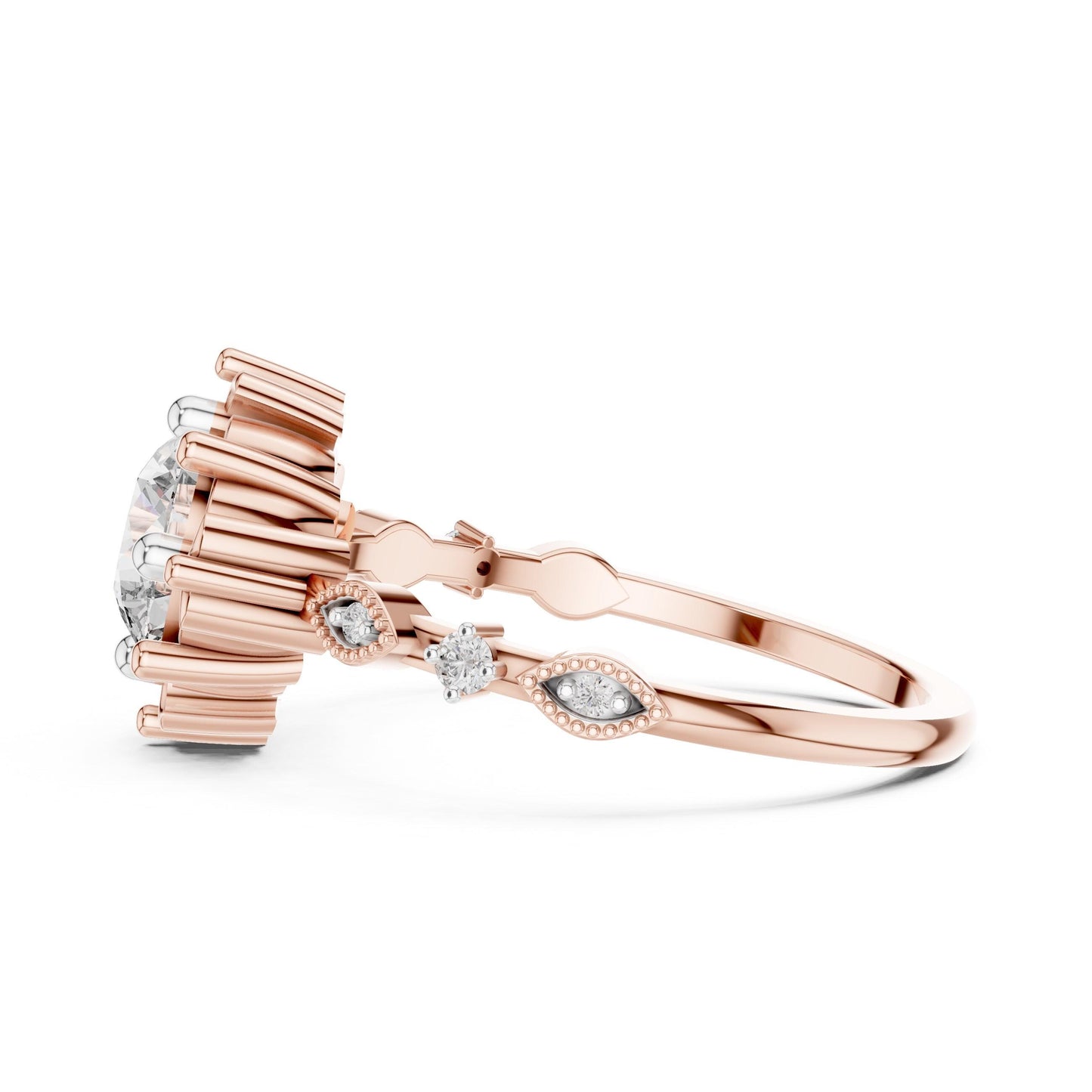 Rose gold floral moissanite engagement ring with round cut center stone and antique-inspired design, perfect for bridal wedding jewelry.