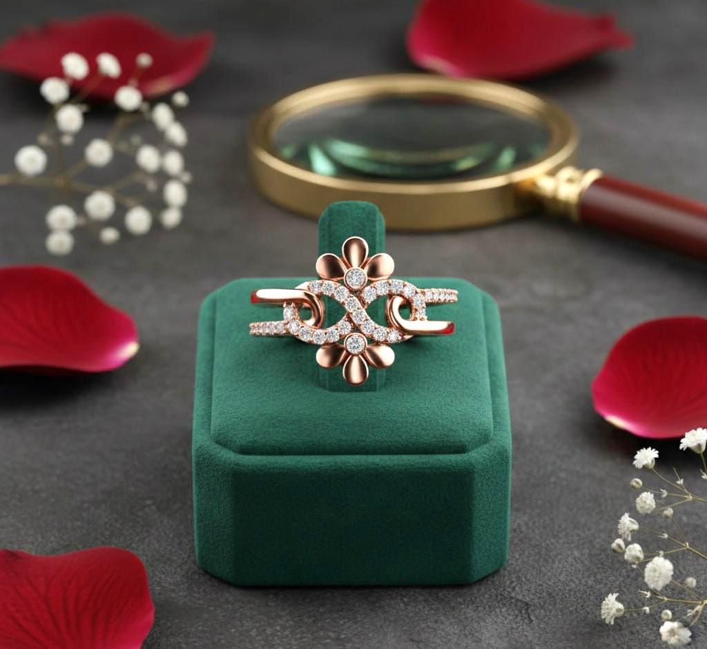 Riora luxury floral moissanite engagement ring with vintage design, nature-inspired floral accents and a unique promise band.
