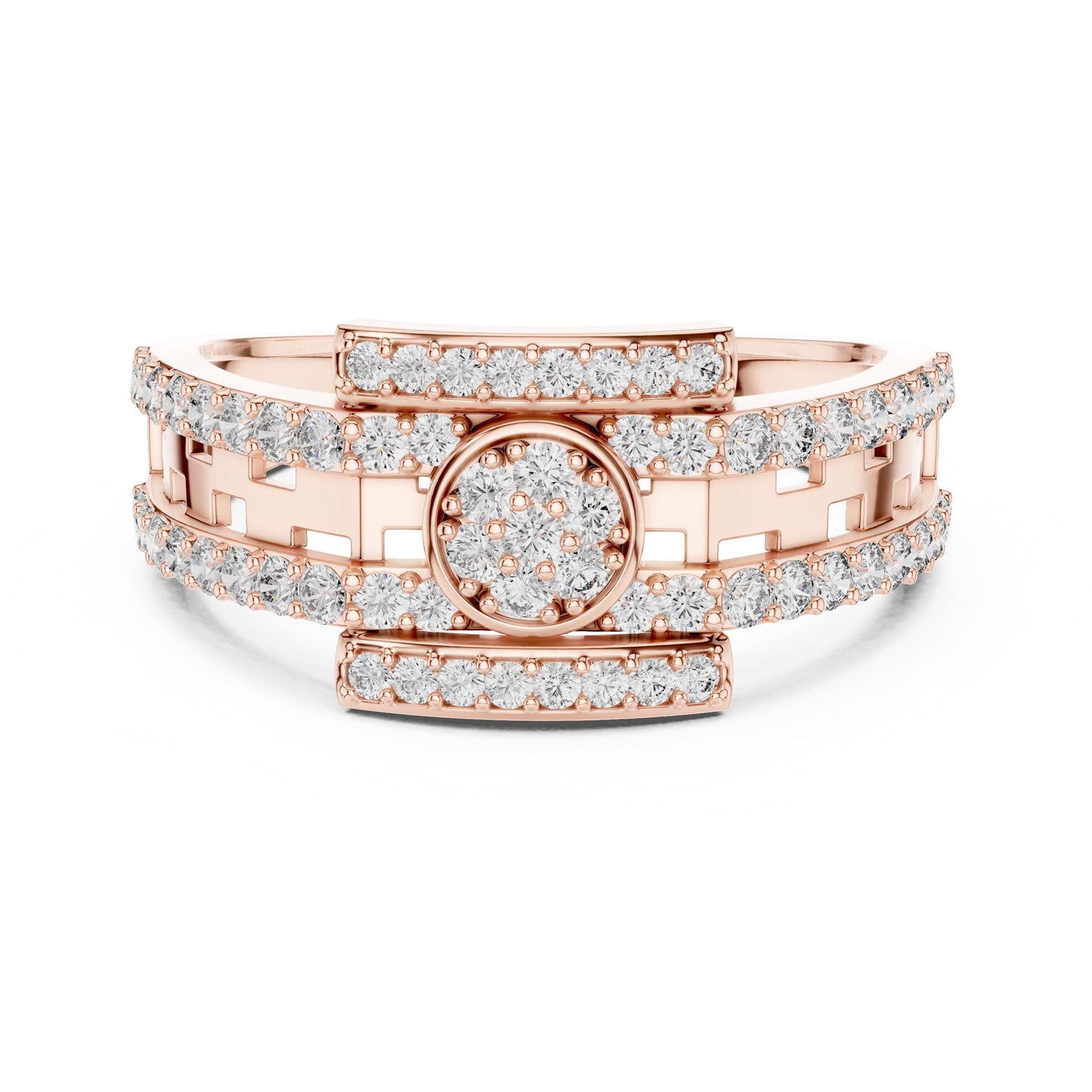 Riora luxury rose silver CZ halo band ring featuring sparkling stones, hypoallergenic design, perfect for weddings or anniversaries.