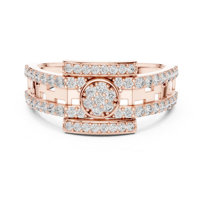 Riora luxury rose silver CZ halo band ring featuring sparkling stones, hypoallergenic design, perfect for weddings or anniversaries.