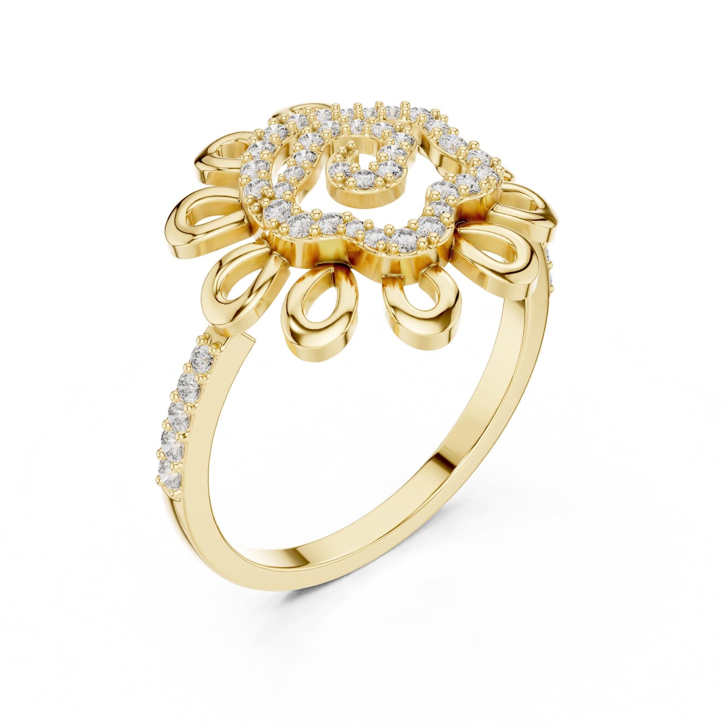 Riora floral moissanite diamond vintage-inspired statement engagement ring with flower design and intricate bridal jewelry details
