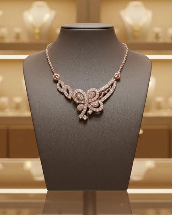 Riora luxury butterfly moissanite diamond necklace with rose gold pendant, elegant bridal jewelry for special occasions