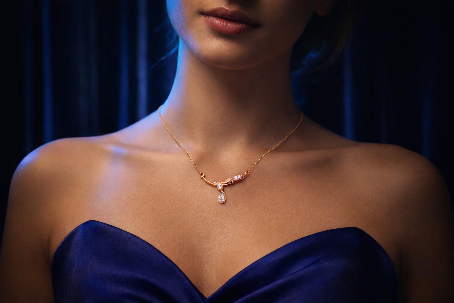 Riora moissanite drop pendant necklace in gold rose jewelry style, elegant minimalist bridal diamond-look gift accessory.