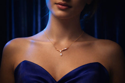 Riora moissanite drop pendant necklace in gold rose jewelry style, elegant minimalist bridal diamond-look gift accessory.
