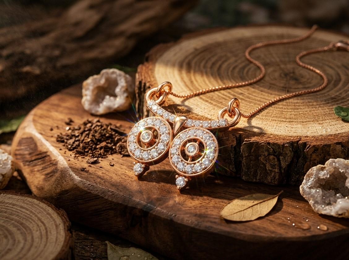 Riora owl moissanite necklace in rose gold with dainty pendant, elegant jewelry gift for women, minimal and luxurious design