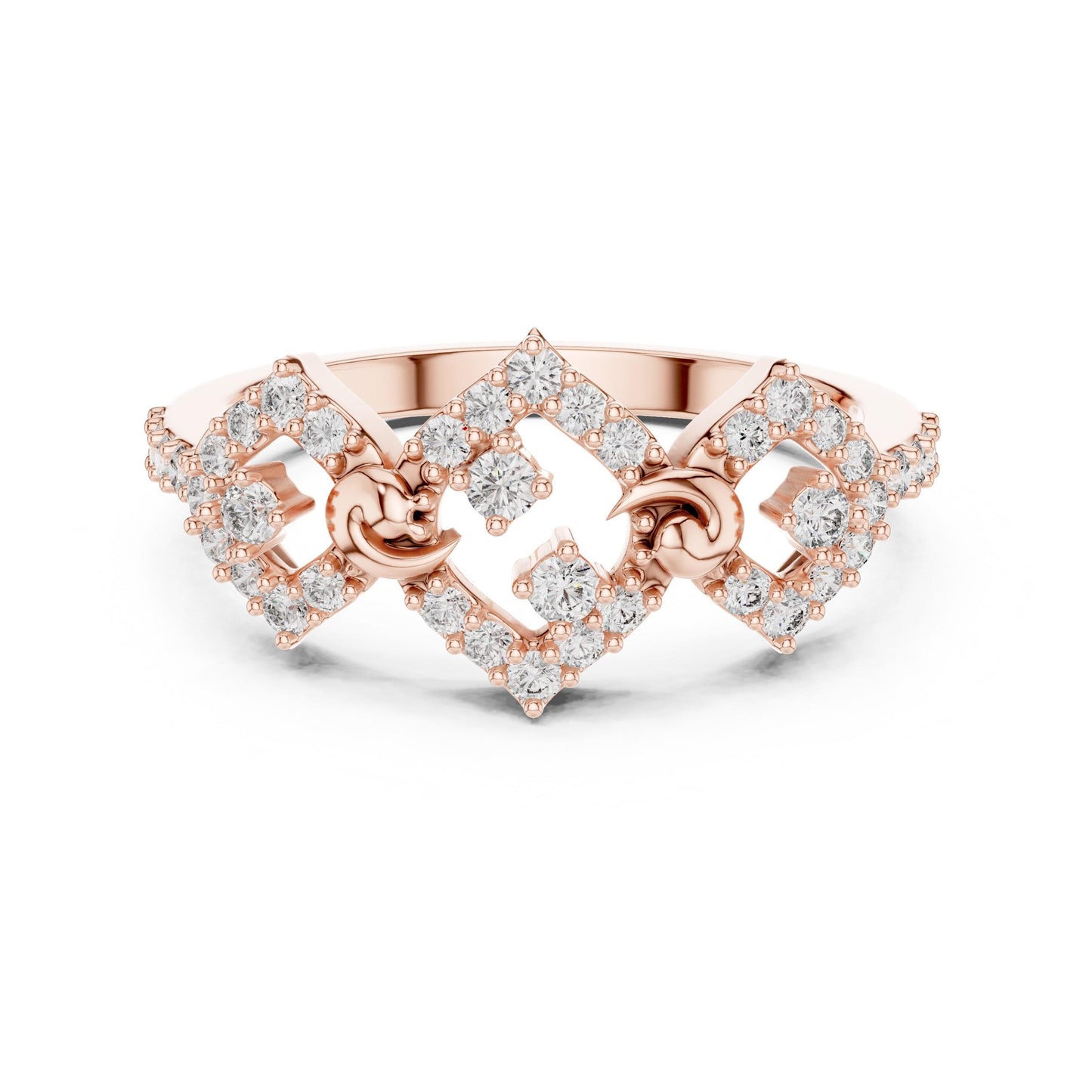 Rose gold vintage-inspired moissanite diamond halo engagement ring with art deco design and intricate band details.