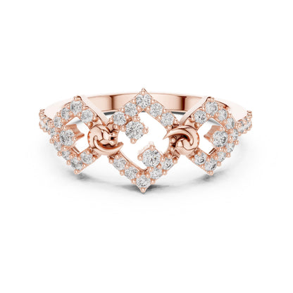 Rose gold vintage-inspired moissanite diamond halo engagement ring with art deco design and intricate band details.