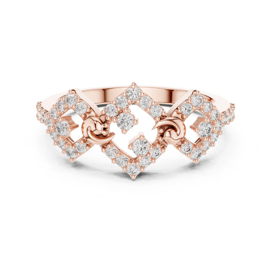 Rose gold vintage-inspired moissanite diamond halo engagement ring with art deco design and intricate band details.
