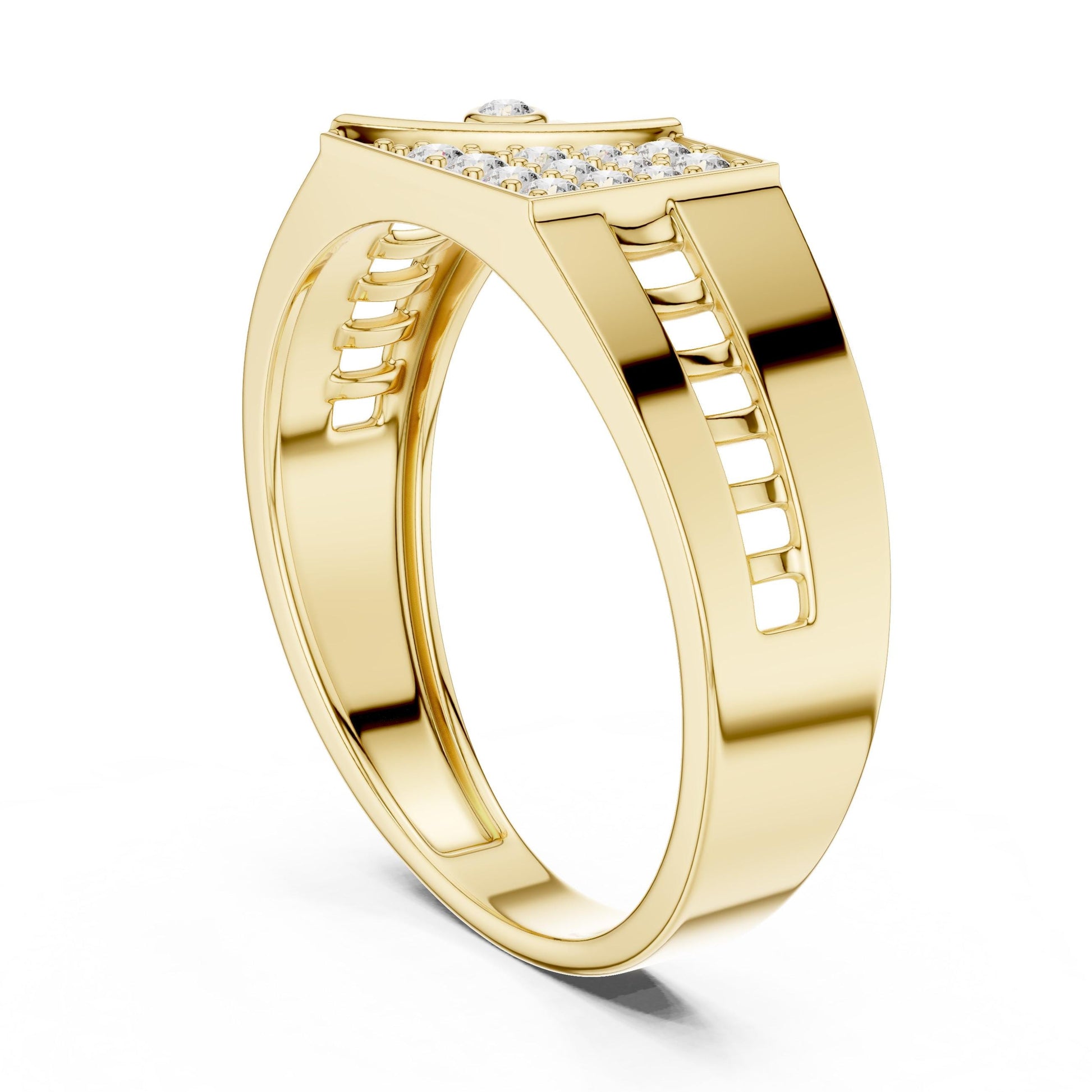 Gold and silver geometric design luxury CZ statement ring for men and women by Riora, hypoallergenic jewelry for engagement or fashion.