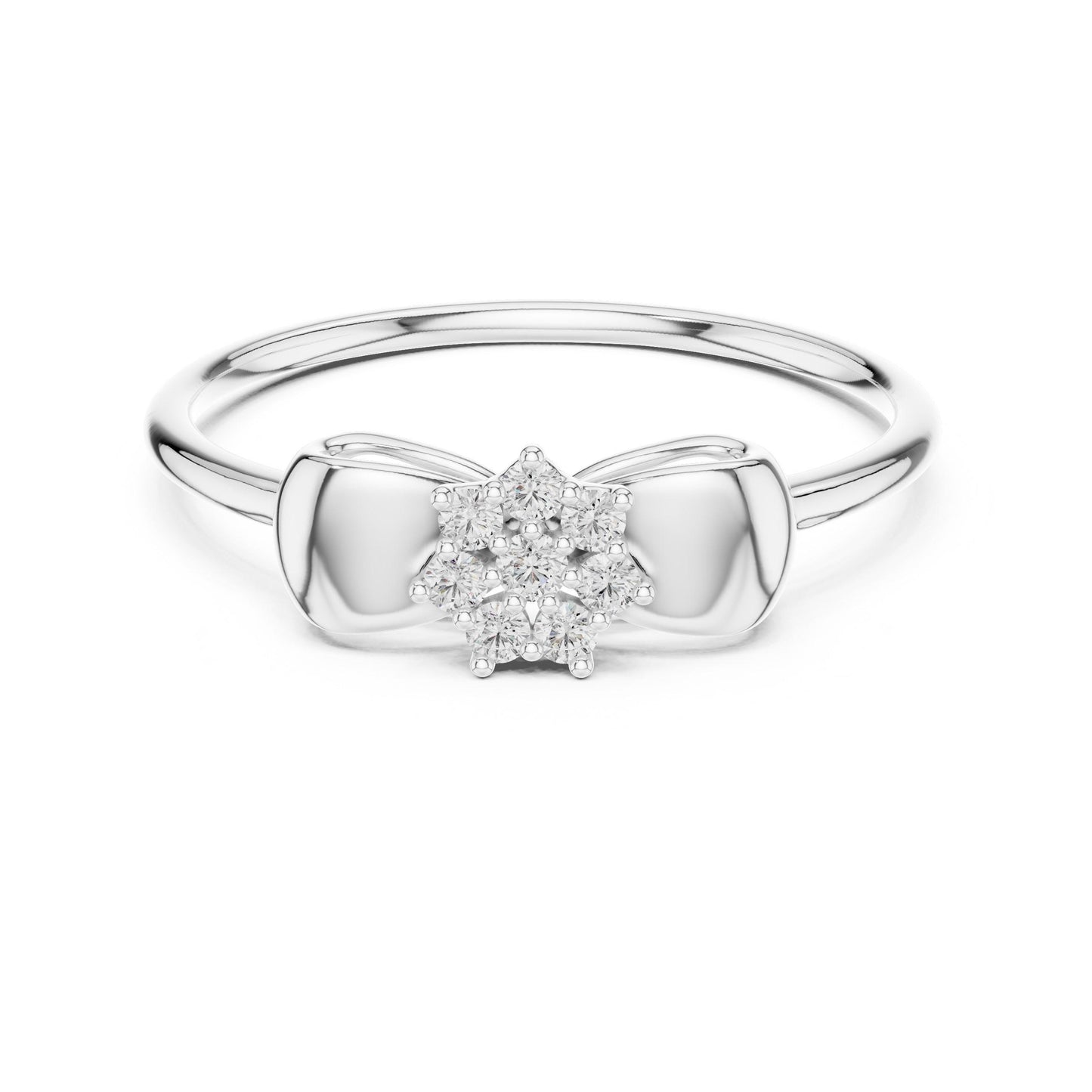 Riora moissanite bow ring with floral cluster design, minimalist bridal jewelry, dainty promise band with sparkling stones.