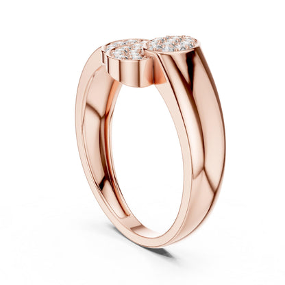 Riora luxury triple cluster moissanite diamond ring with rose gold band, dainty bridal statement promise ring on a white background