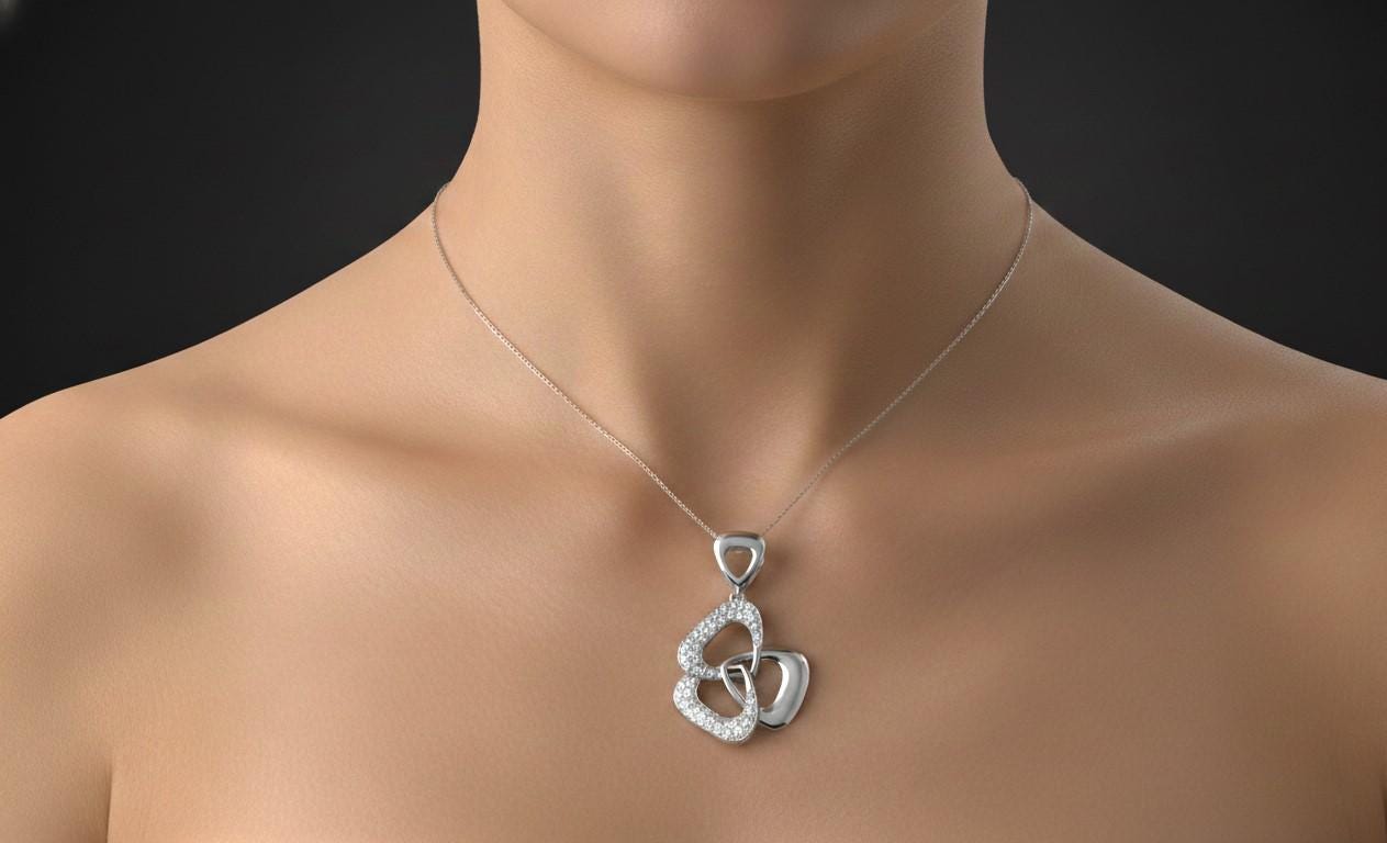 Moissanite Interlocking Heart Pendant Necklace, Rose Gold Silver, Adjustable
