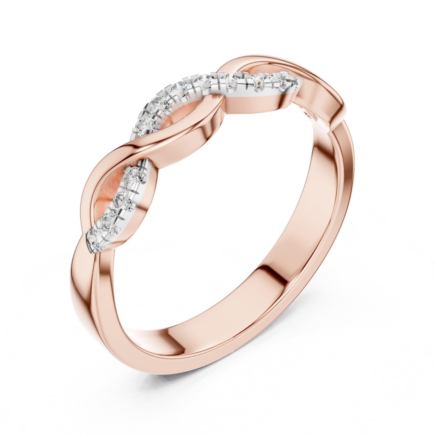 Riora infinity twist moissanite diamond ring for women in rose gold, featuring a minimalist promise and wedding band design.