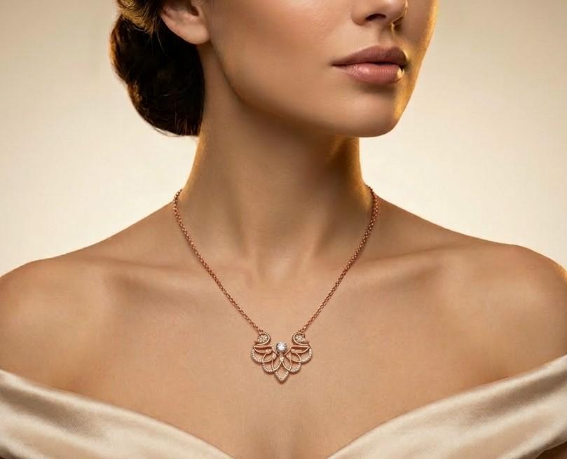 Riora elegant swan moissanite necklace with rose gold pendant, romantic bridal jewelry, featuring sparkling gemstone and delicate chain
