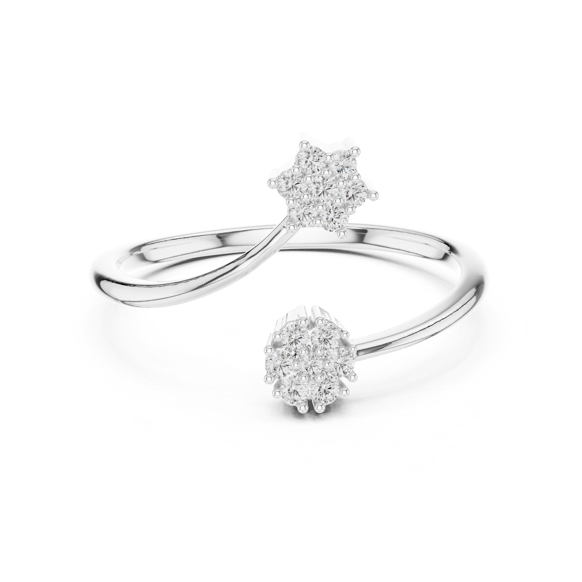 Riora rose gold moissanite open bypass ring with double cluster floral halo design, featuring sparkling diamond-style accents.