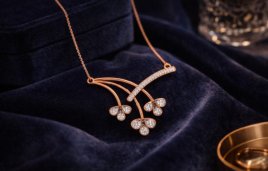 Riora moissanite floral branch necklace with diamond flower pendant in gold and rose gold, elegant bridal wedding jewelry